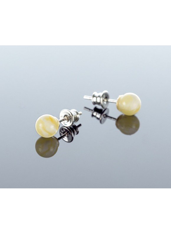 Round white amber earrings, 6mm